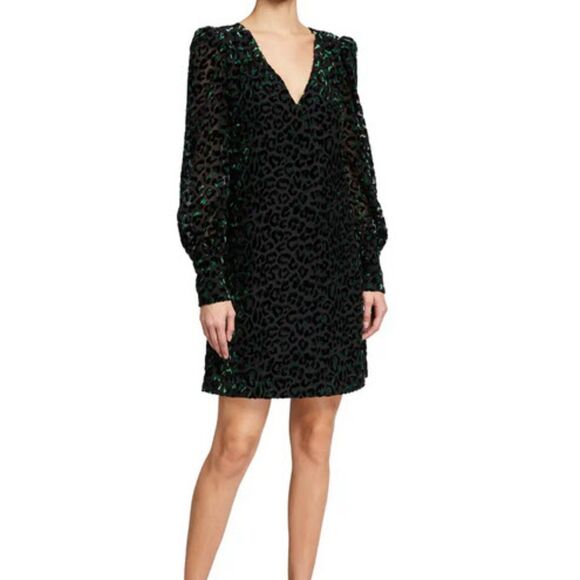 Milly | Green Leopard Velvet Burnout | Shift Dress | Sz 8 | Blouson Sleeve - Picture 1 of 11